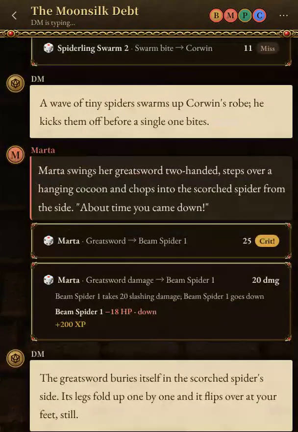 Dice cards show a critical hit for 20 damage, a spider going down, and 200 XP