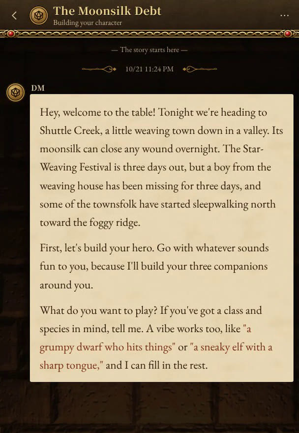 The game master welcomes the player and starts building a character in chat
